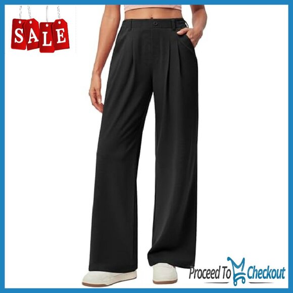 Wide Leg Work Pants High Waisted Stretchy Pull On Business Casual - Picture 2 of 8